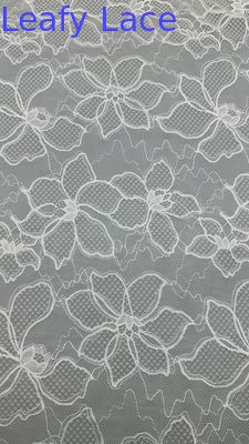 Leafy White Lace Embroidered Fabric Floral Patterns Mesh Ground For Wedding Dresses