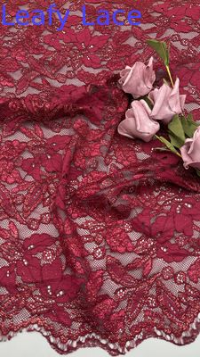 Red Embroidered Lace with Spark Precision Leafy Romantic Fabric for Party Gowns