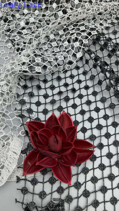 Leafy Black And White Plaid Hollow-up Sequins Sliver Detailed Fabric For Statement Formal Dresses