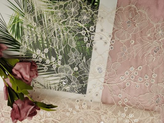 Французская ткань шнурка Chantilly оранжевая Тюль Lurex металлическая серебряная