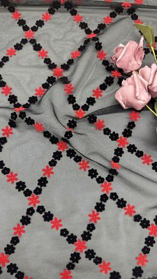 Маленькая цветочная роза и черное флокированное сетчатое кружево, качество, изготовленное на заказ для платья